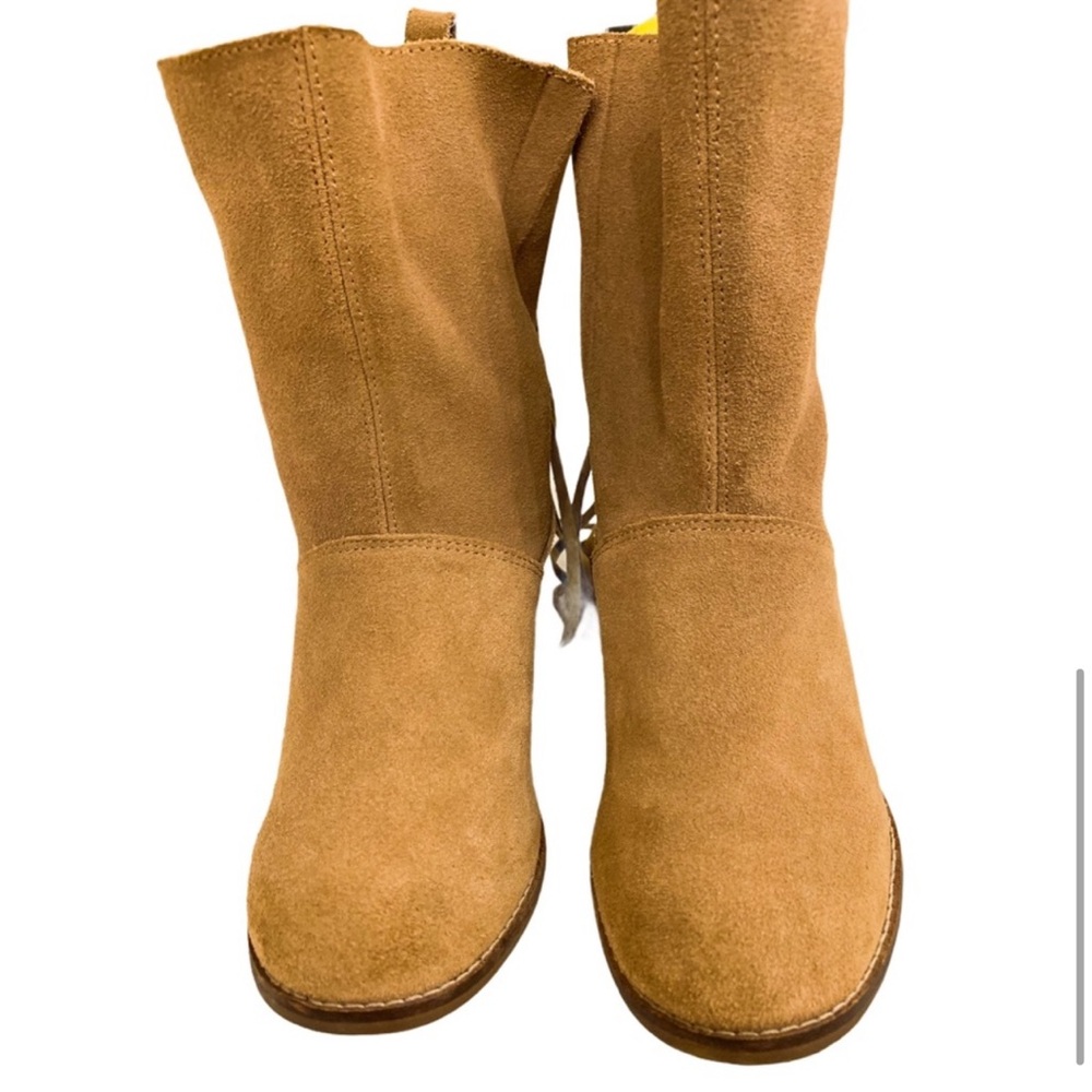 Toms Mila Toffee Wrap Laces Suede stacked Block 3” Heel Boots 10 Pristine $98 - Picture 5 of 14